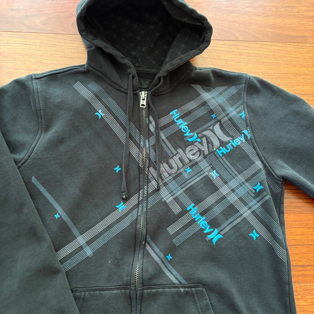 Hurley Y2K Graphic Full Zip Hoodie Black Blue Streetwear Grail Skater Size L